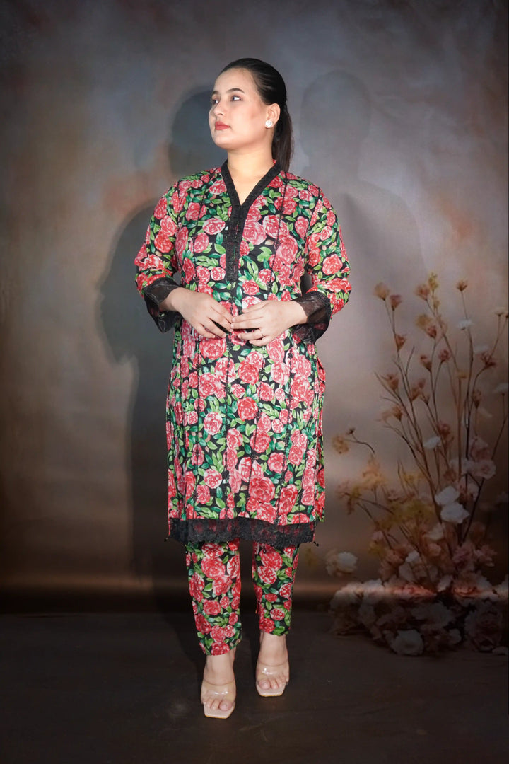 Red plus green with black border 3 piece suit