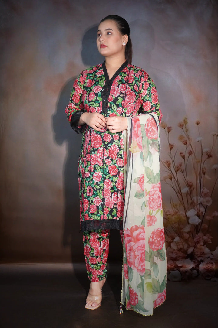 Red plus green with black border 3 piece suit